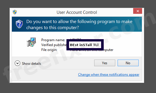 Screenshot where BEst inSTall TLl appears as the verified publisher in the UAC dialog